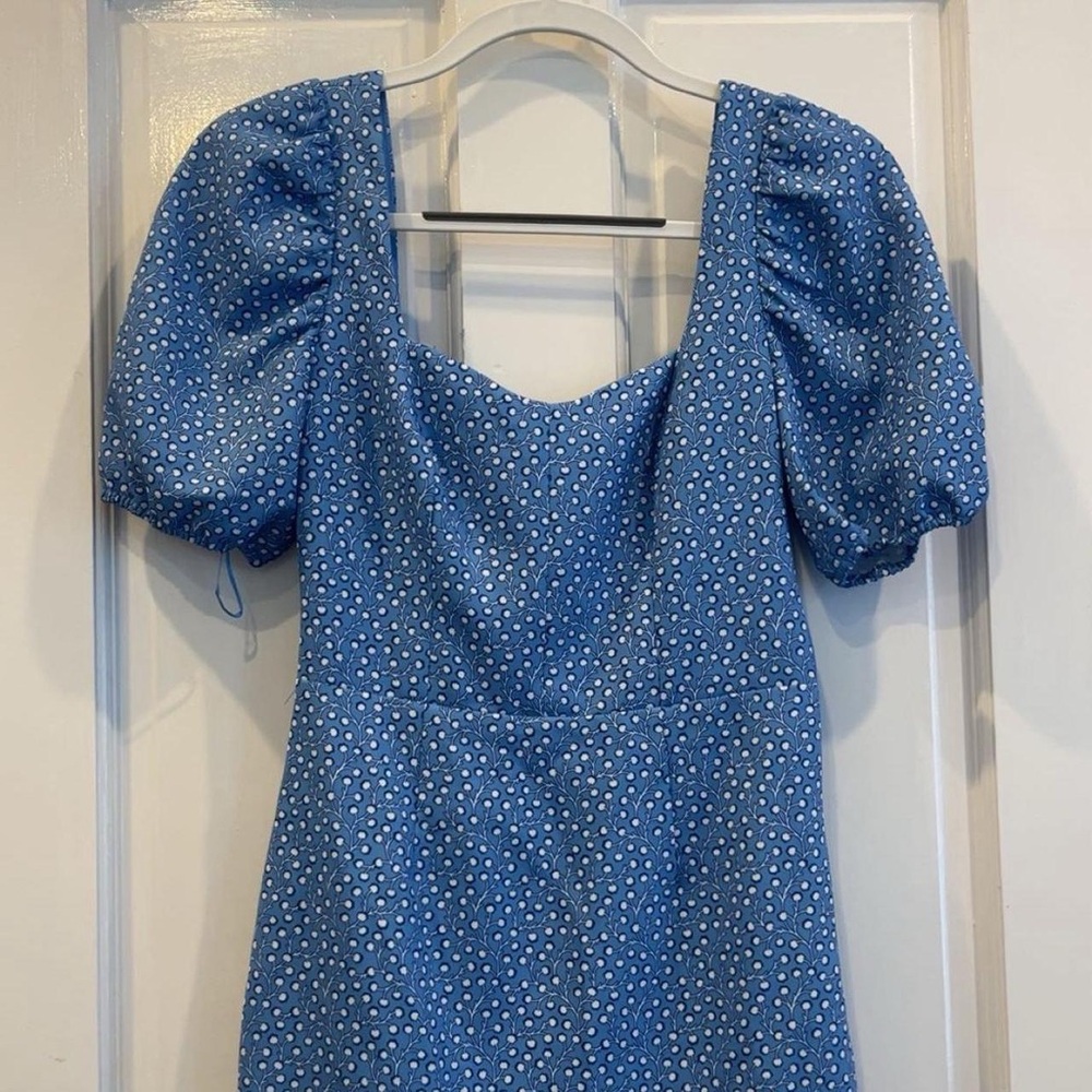 French Connection Blue Top with White Floral Design